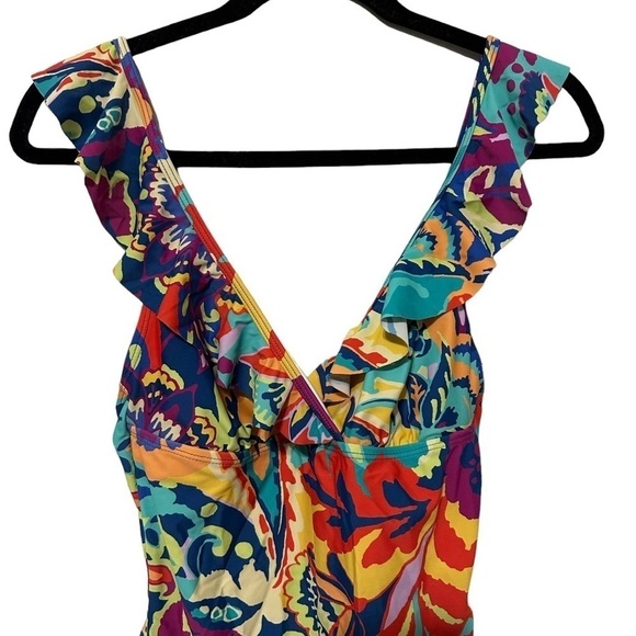 Tahari Tropical One Piece Flutter Straps SZMedium Ruffle Rainbow Summer Beach - Picture 3 of 8